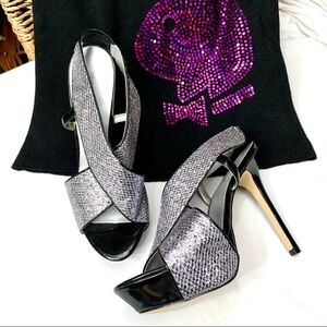 Shoe Dazzle "Leona" black patent and silver stiletto platform heels- 9